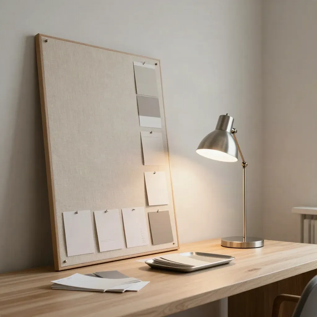 Modern careers workspace with blank pin board, lamp, and face-down sample cards in warm daylight.