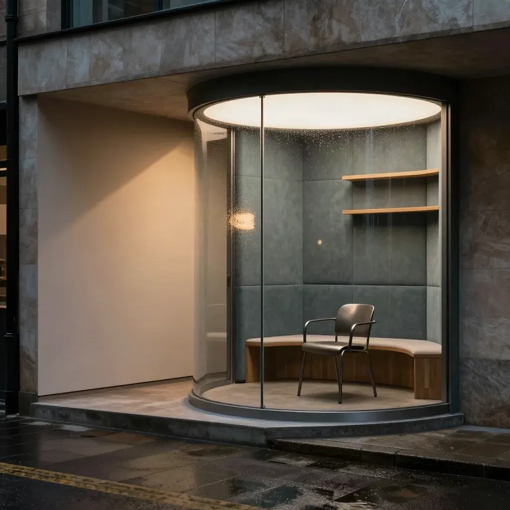 Empty premium recruitment suite with glass pod, felt walls, and a brushed-metal chair in rain-lit haze.