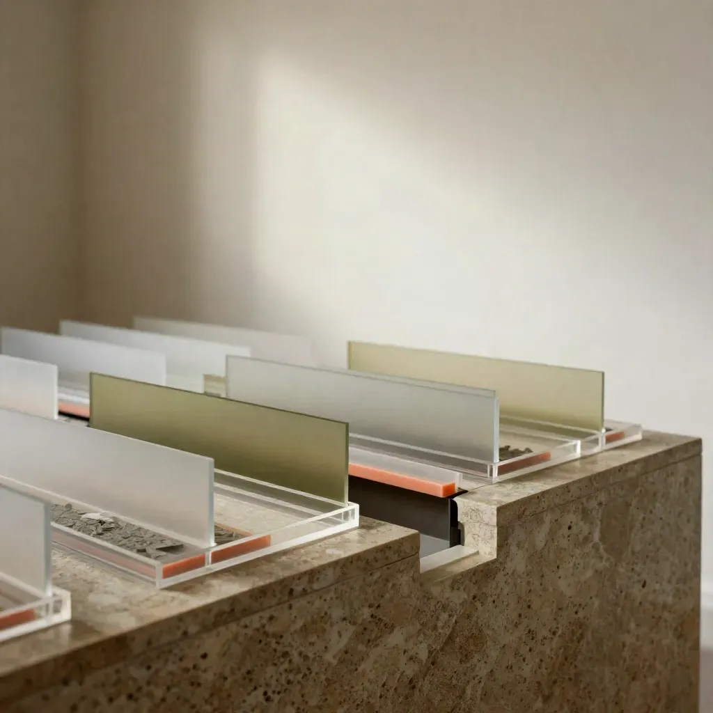 Translucent audit trays and filter strips on a stone shelf in moody cinematic light.
